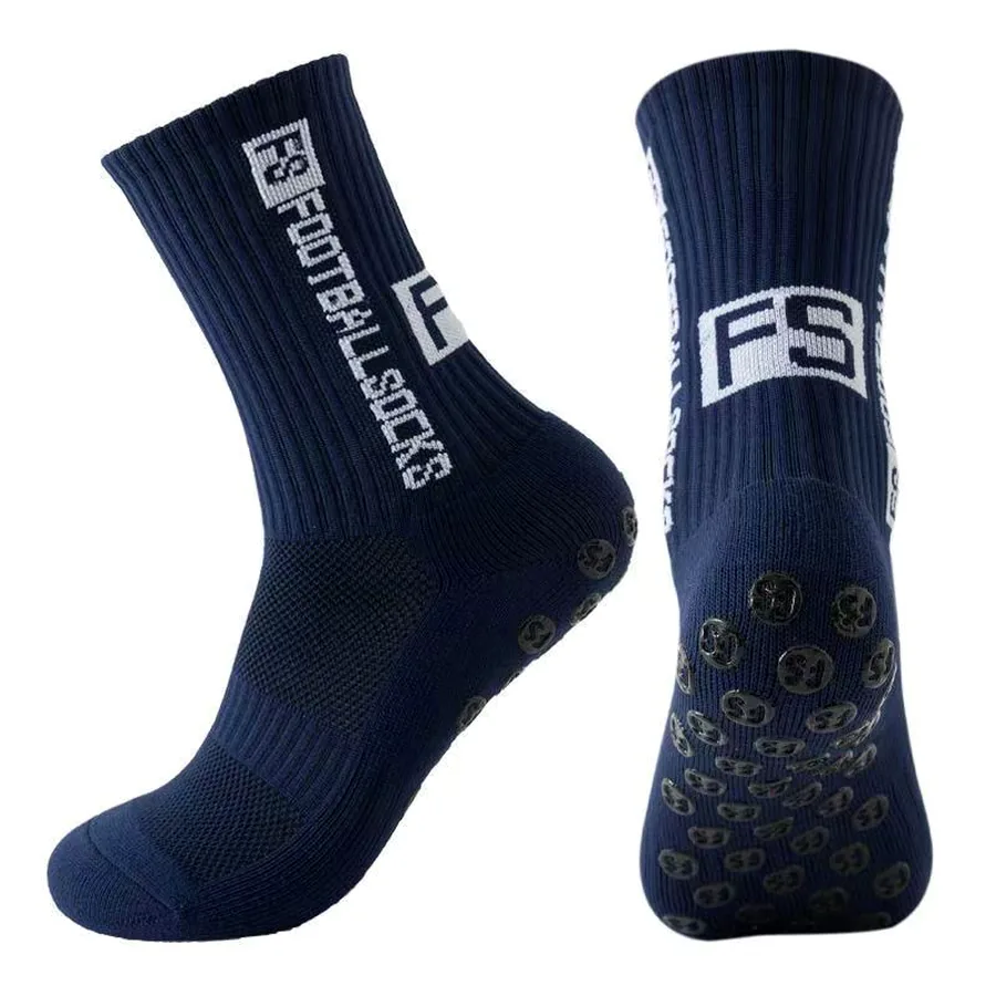 Calcetines de fútbol azul marino, vista lateral y planta