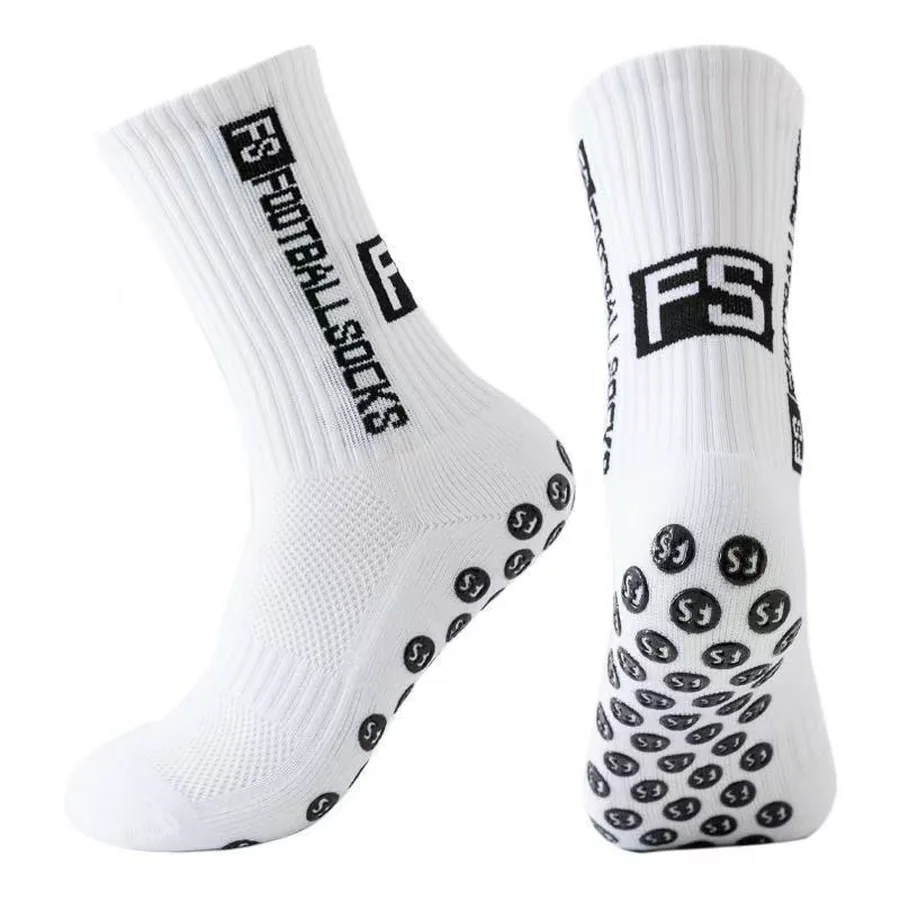 Calcetines antideslizantes blancos, vista lateral y planta con puntos de silicona